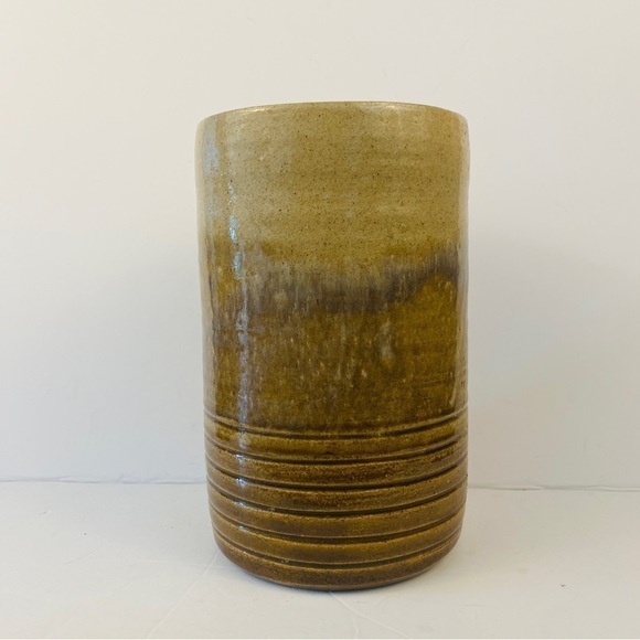 POTTERY vase yellow cream ochre large tall ribbed drip glazed - Picture 6 of 12